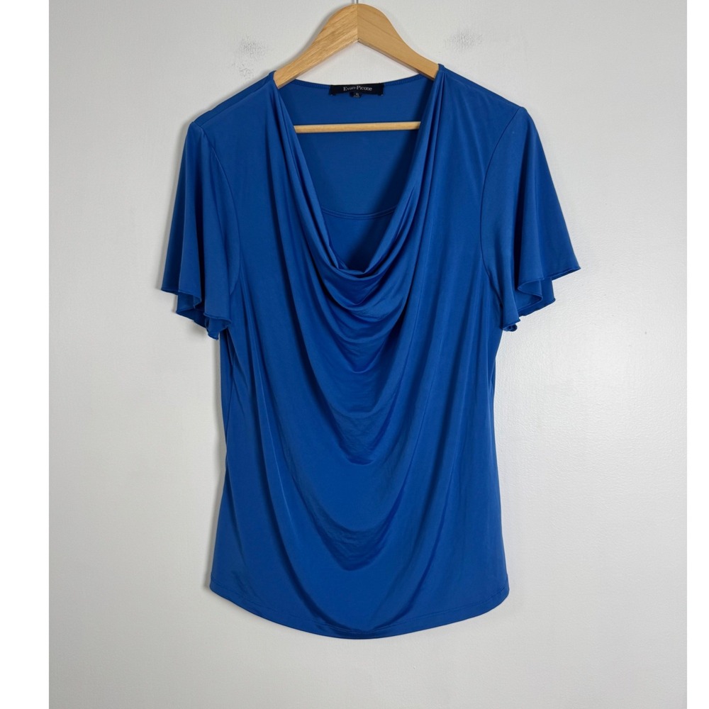Classic Evan-Picone Womens XL Cowl Neck Blouse Blue Flutter Sleeve Stretch Top